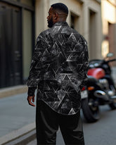 Business Geometric Visual Hierarchical Printed Long Sleeve Lapel Shirt 2 Piece Set Men's Plus Size
